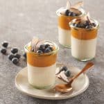 Panna Cotta Tropic mit frischen Heidelbeeren und Kokoschips.